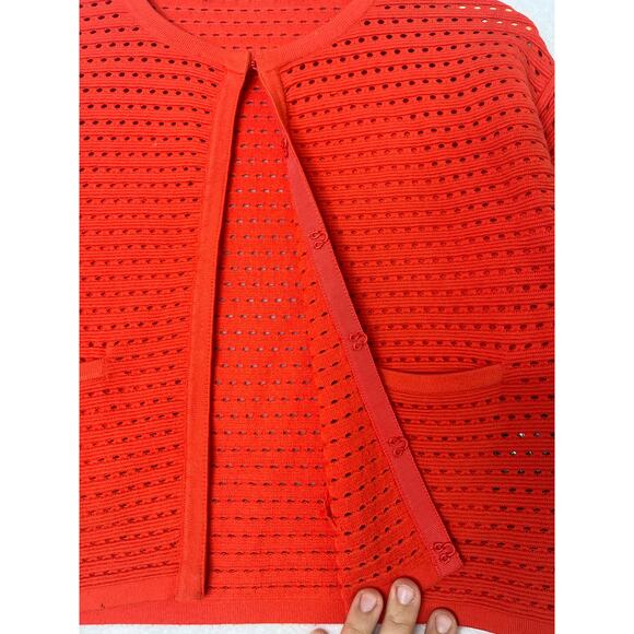 Karen Millen Red Orange Crochet Sheer Cardigan size 1 Old Money Preppy New York - Picture 4 of 8
